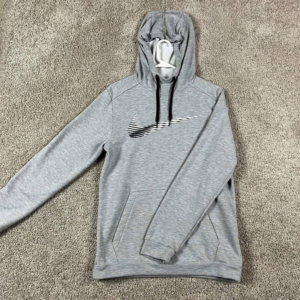 Nike Hoodie Dri-Fit Mens S Swoosh Gray High Neck Therma Drawstring‎ Logo